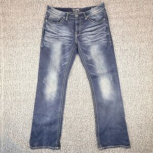 Salvage SLVG Men’s 33R Bootcut Jeans Dark Wash Blue Distressed Denim Buckle.READ
